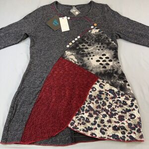 Shana Apparel Mixed Media Patchwork Tunic Top Black‎ Red Leopard Print Womens M
